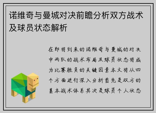诺维奇与曼城对决前瞻分析双方战术及球员状态解析